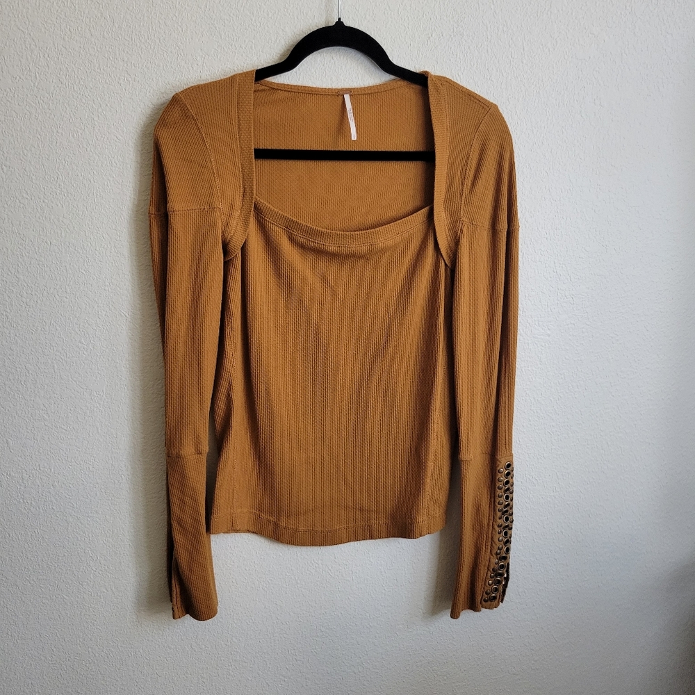 Free People A Little Unruly Long Sleeve Amber Shirt With Studded Sleeves Large